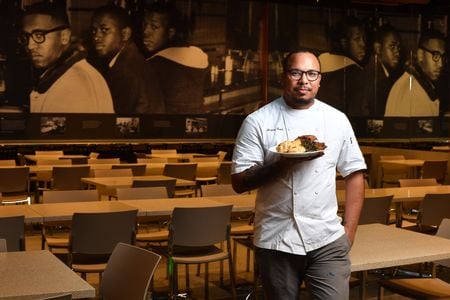 Local Washington, D.C. based chef Jerome Grant was one of 12 presenters in the DCPS Career Ready Internship program for students interested in hospitality careers. Grant shared his philosophy around creating unforgettable dining experiences as a former chef in Smithsonian spaces including the Mitsitam Café at the National Museum of the American Indian and Sweet Home Café at the National Museum of African American History and Culture. (Marvin Joseph, The Washington Post via Getty Images)