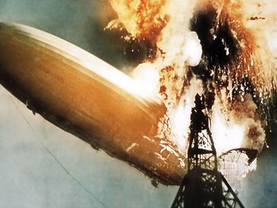 On May 6, 1937, the hydrogen-filled zeppelin burst into flames, shown here in a colorized photo, above a New Jersey field, killing 35 of 97 riders.