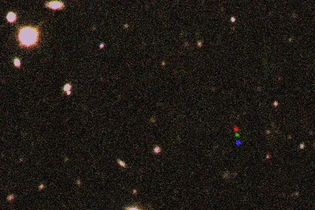 Say hello to my little friend: 2012 VP 113 is caught moving against a background of stars in three images (red, green, blue), each taken two hours apart. 