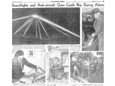 Page B of the February 26, 1942, Los Angeles Times, shows the coverage of the so-called Battle of Los Angeles and its aftermath.