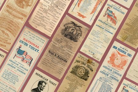 A selection of ballots from the 1860s shows a variety of the persuasive flourishes then in vogue.