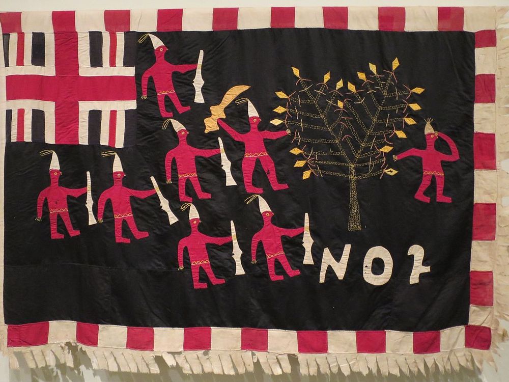 Asafo Flag, No. 2 Company; created by Akwa Osei, Ghana, Fante people; c. 1900, Cotton and rayon, embroidery and appliqué