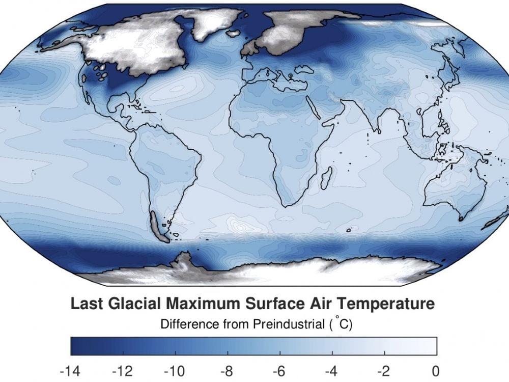 A global map. Dark blue, indicating the greatest change in surface air temperature from 20,000 years ago to now, is concentrated around the poles; lighter blue, indicated less change, closer to the Equator