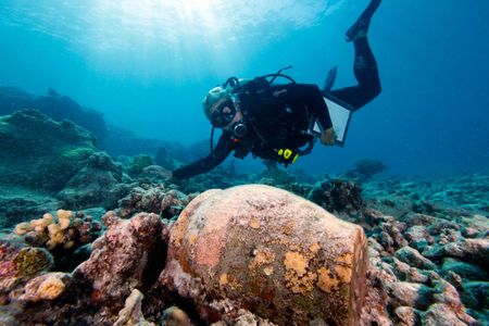 A NOAA archaeologist examines the wreck of Two Brothers in Hawaii. 