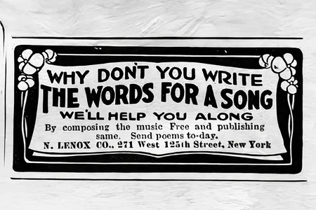 Song-sharking companies sometimes began by offering free consultations for everyday poets&mdash;as in this 1921 advertisement in Film Fun magazine.