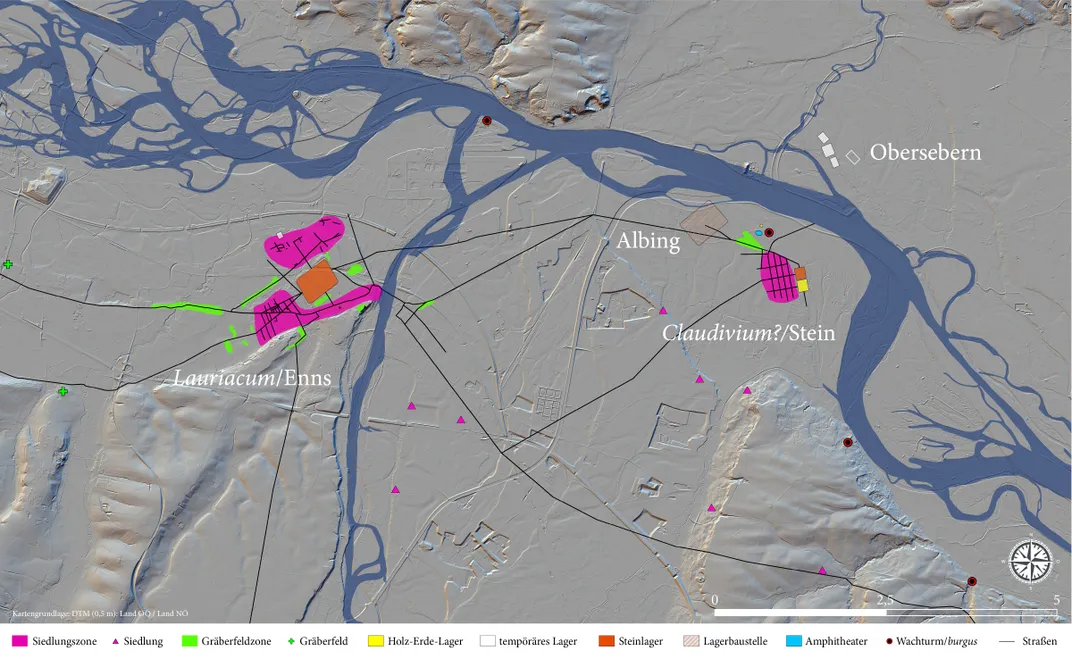 A map showing two Roman settlements near a waterway