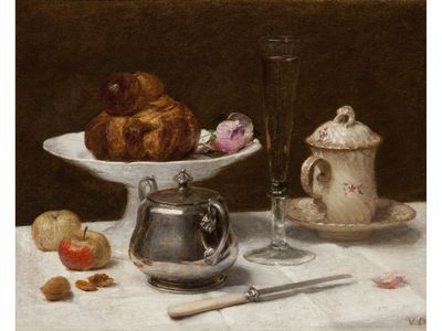 In Still Life With Brioche, c. 1890, Victoria Dubourg Fantin-Latour captures the buttery crust of a signature pastry. Known for her tablescapes, she met her artist husband Henri when both were copying the same painting at the Louvre.