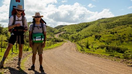 Justin DeShields (left) and Bryan Morales, shown near of the Santo Tomas Valley, are venturing north to south down the Baja California peninsula. The Californians have gone about one-third of the way since early February.