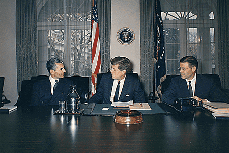 Iranian Shah Mohammad Reza with President Kennedy and Secretary of Defense Robert McNamara in 1962