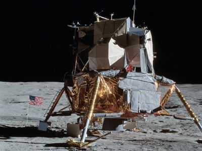 The  Apollo 14 Lunar Module on the moon, February 5, 1971. Grumman engineers helped six LMs to land, and their crews to return, safely.