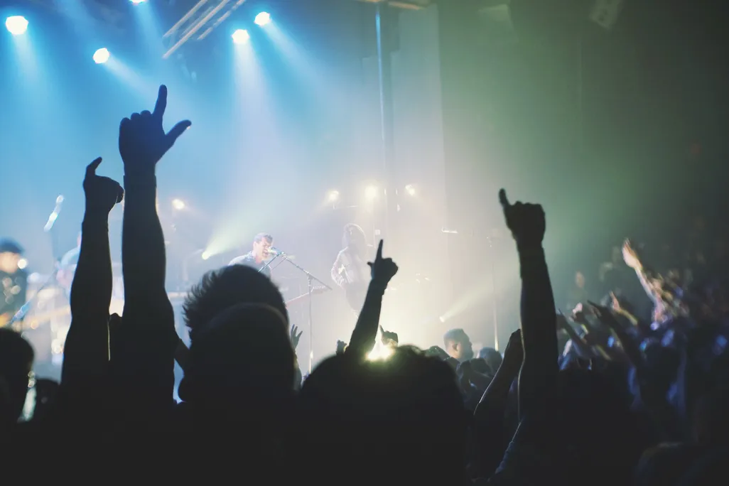 A stock photograph of a concert, with silhouetted fans raising their arms in the foreground and a singer on stage in the background.