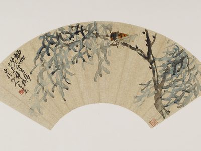 Cicada on tree branch; Wang Zhen (1867–1938); China, modern period, autumn 1919; fan mounted as album leaf; ink on gold-flecked paper (Freer Gallery of Art, Smithsonian Institution, Washington, D.C.: Gift of Robert Hatfield Ellsworth in honor of the 75th Anniversary of the Freer Gallery of Art, F1998.222.2)