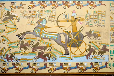 A reconstruction of a painted fresco depicting the Battle of Kadesh between the Egyptian Empire and the Hittite Empire.