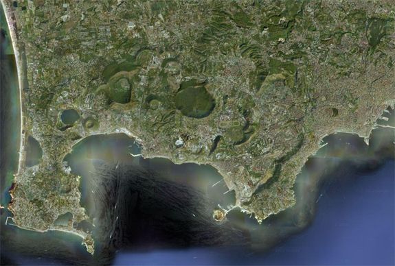 The Campi Flegrei caldera lies to the west of of Naples in southern Italy. (Naples is the giant city on the right).