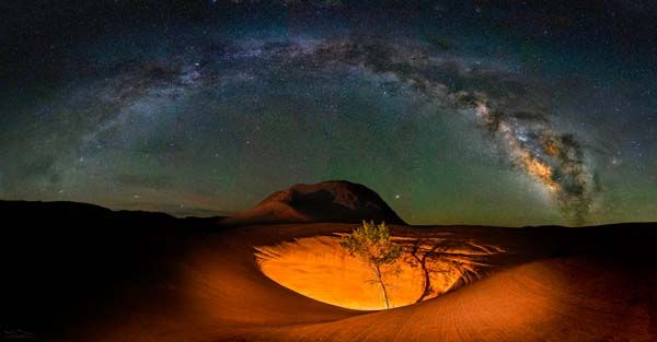 "Solitary Confinement" Milky Way stretching over cottonwood tree in sandstone hole thumbnail