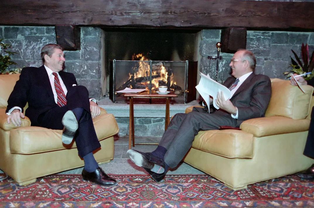 U.S. President Ronald Reagan (left) and Gorbachev in 1985