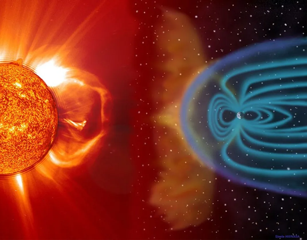 illustration of solar storm and Earth's magnetic field
