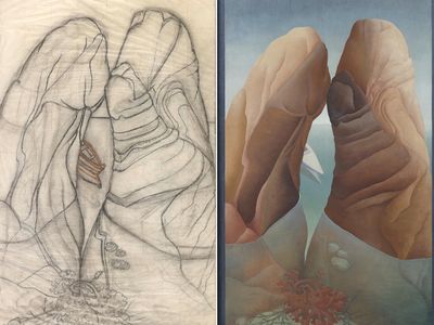L to R: Preparatory sketch for "Scylla" and 1938 oil painting of "Scylla"