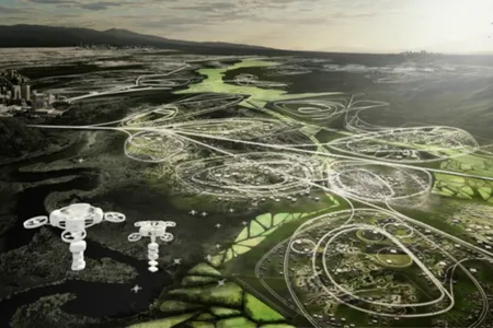 A model for how suburbs could one day be designed. The white objects on the left are delivery drones.