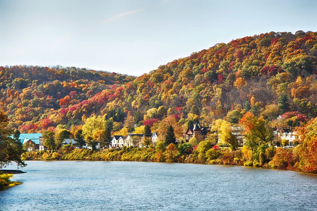 shot of some houses along the water amid a backdrop of multicolored trees