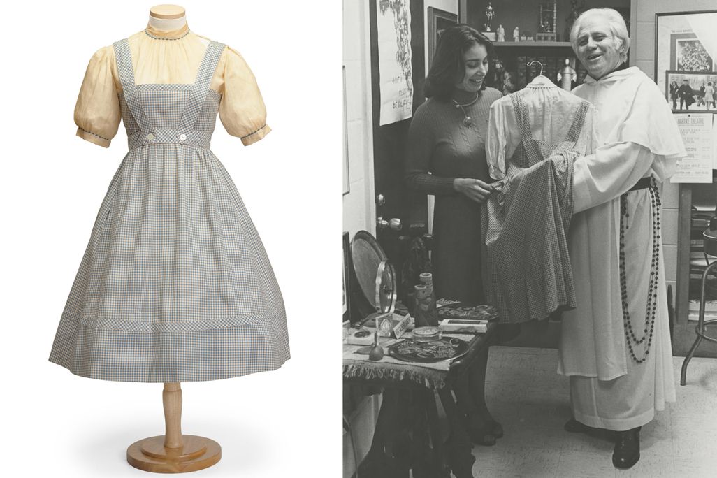 Left: Photo of the dress from a Bonhams auction listing. Right: Father Hartke with the gifted dress