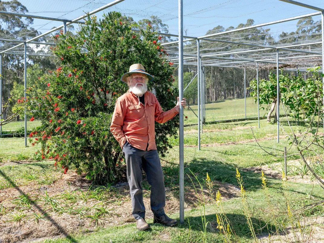 Bruce Pascoe in front of a bottlebrush tree in the garden at Yumburra