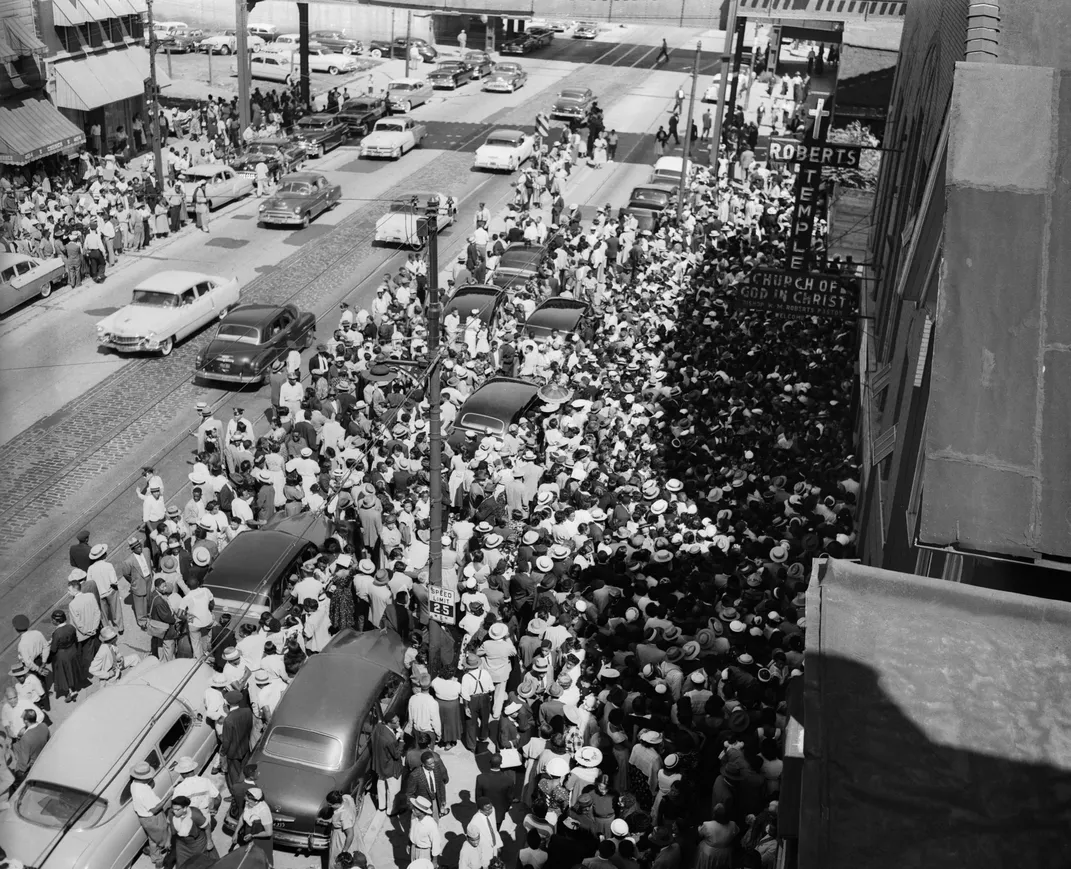 Crowds outside of Emmett Till's funeral in September 1955