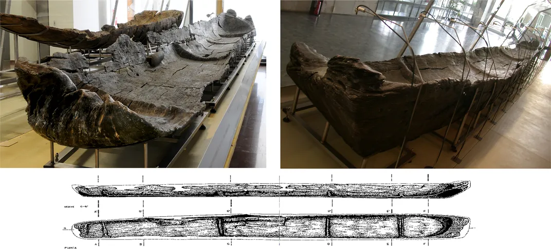 The first excavated canoe, extending more than 10 meters long and made of oak.
