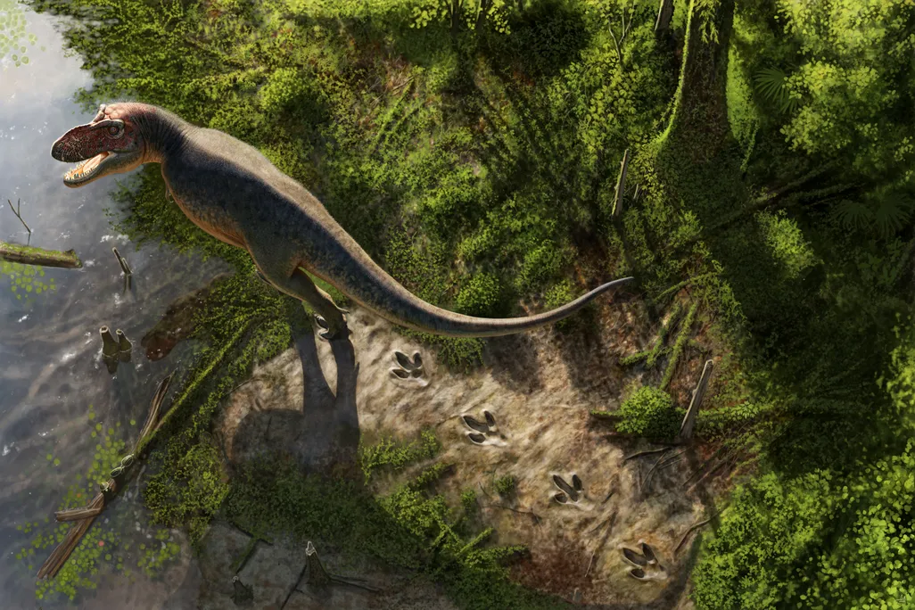 An illustration of a T. rex dinosaur in a lush landscape