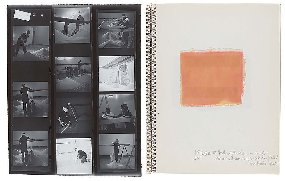 LEFT: Grayscale photographic contact sheet with images of Connie Zehr and assistants constructing a work of art.  RIGHT: Page from a wire-bound sketchbook with a sample square of liquid polyester and notes made in pencil.