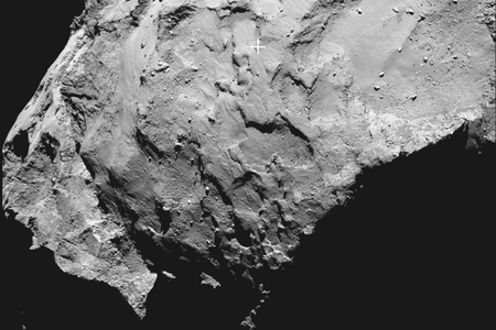 The primary landing site of Rosetta's Philae lander on Comet 67P/Churyumov–Gerasimenko is marked with a cross.