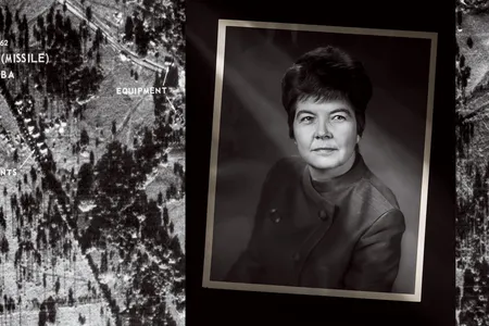 In the background, a photograph taken by an American U-2 spy plane over Cuba on October 14, 1962, shows a secret deployment of Soviet nuclear-armed ballistic missiles. Right, Juanita Moody, head of the National Security Agency’s Cuba desk.