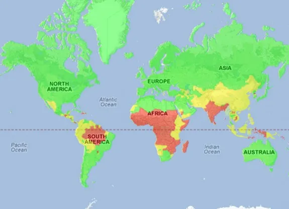 Malaria is most common in tropical and sub-tropical regions where the mosquitos that carry the parasite live.