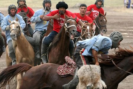 Kok-boru is a popular horse game in Kyrgyzstan in which two teams of riders try to carry a goat or calf carcass into the opposing teams endzone.