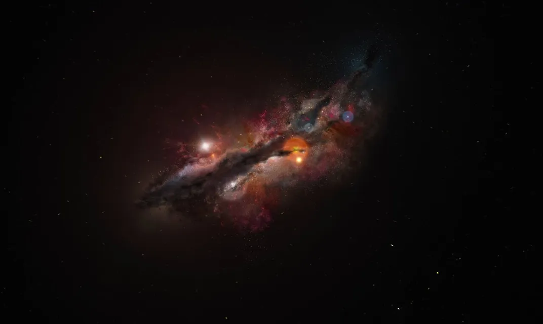 illustration of a dusty galaxy with a red glow and a few stars
