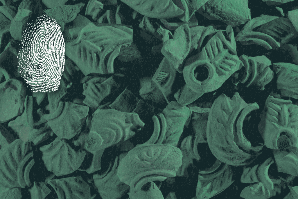A GIF illustration of fingerprints appearing on top of a green-hued photo of pottery shards
