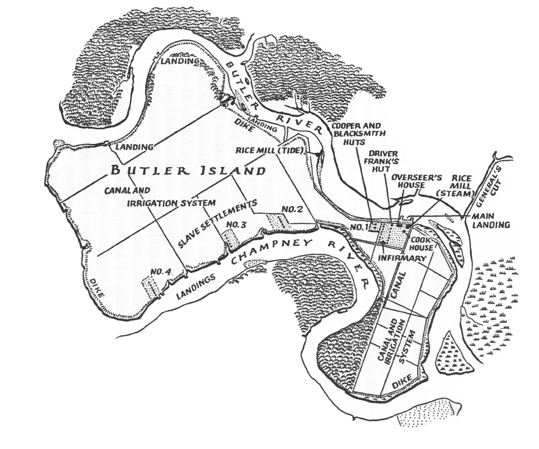 A map of Butler Island Plantation (above) included in one 1984 edition of Frances Anne Kemble’s Journal of a Residence on a Georgian Plantation in 1838-1839.