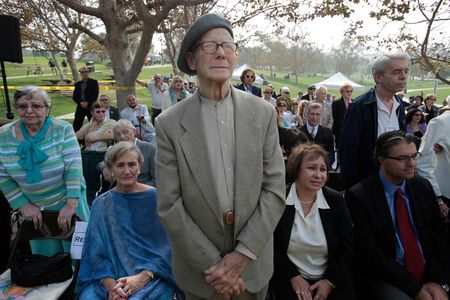 Holocaust survivor and artist Kalman Aron, third from left, stands as he is recognized with fellow survivors, as community leaders attend the opening of the Los Angeles Museum of the Holocaust (LAMH) at the Pan Pacific Park on Thursday, Oct. 14, 2010, in Los Angeles