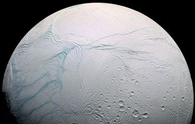 Cassini views Enceladus in July 2005.