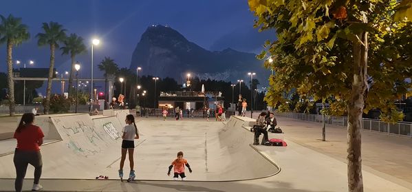 Skaterpark at night in La Línea Spain in the background Rock of Gibraltar UK thumbnail