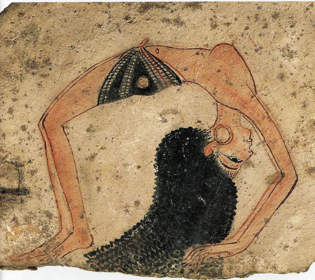 An ancient Egyptian artwork depicting a dancer performing a backbend