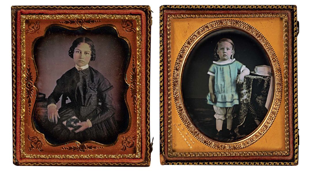 two vintage photographs of children in ornate frames