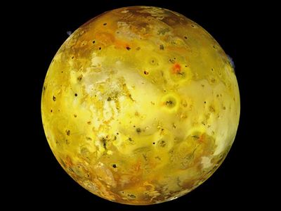 Jupiter’s innermost large moon, Io, is extremely volcanic. “If you look closely on the upper left and upper right horizon, you can see eruptions in the process of happening,” says Benson. “We know that at least 400 volcanos are continuously blasting magma into space from Io.” Mosaic composite photograph. Galileo, July 3, 1999.