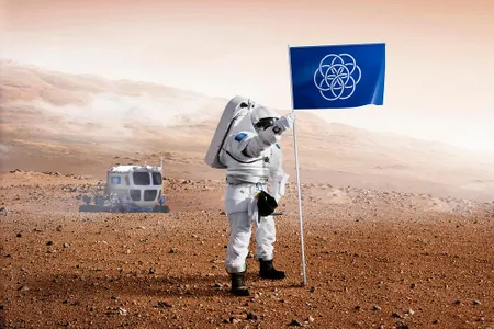 Graphic design student Oskar Pernefeldt envisions a blue and white flag to symbolize Earth's presence on far off planets like Mars. 