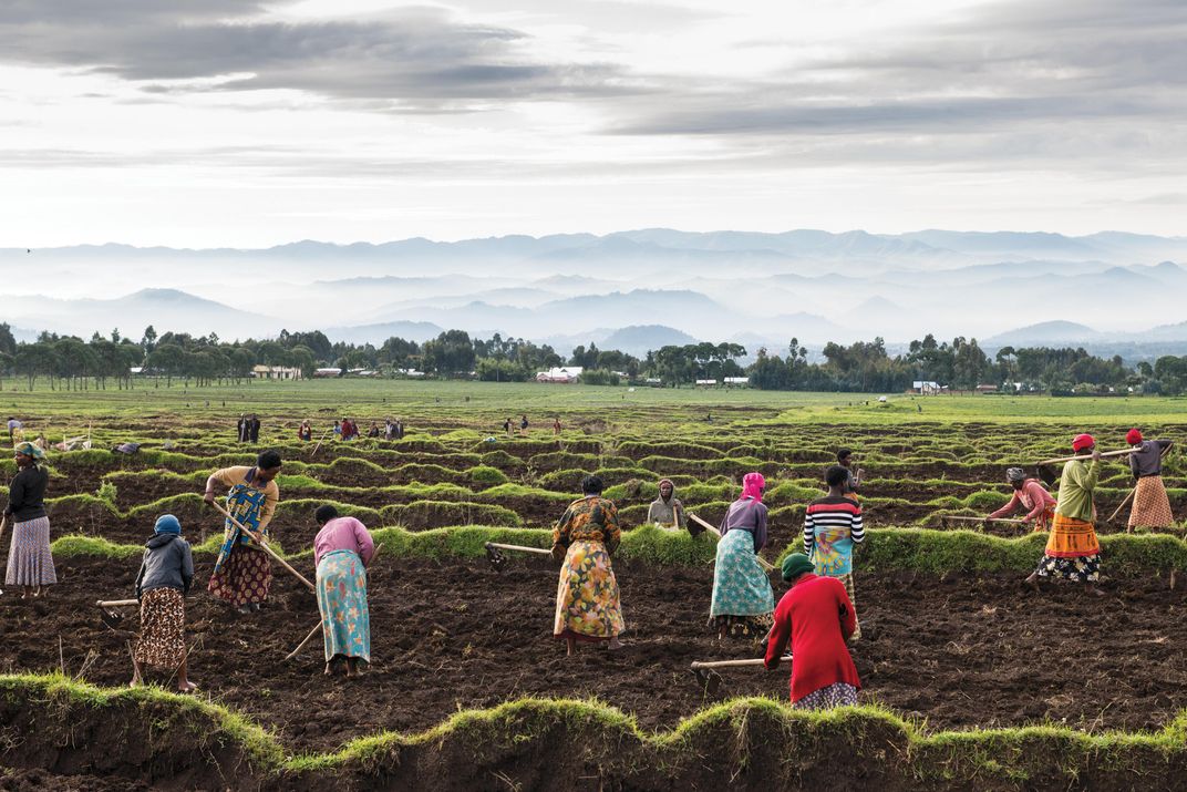 Working the soil near Volcanoes National Park in Rwanda