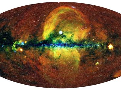 This is the all-sky map created by the eROSITA X-ray telescope, represented in false color  (red for energies 0.3-0.6 keV, green for 0.6-1.0 keV, blue for 1.0-2.3 keV). The original image was smoothed in order to generate the above picture. 
