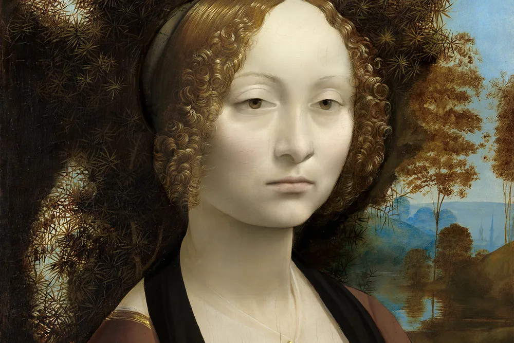 A close-up view of Leonardo da Vinci's Ginevra de' Benci, a circa 1474-1478 portrait