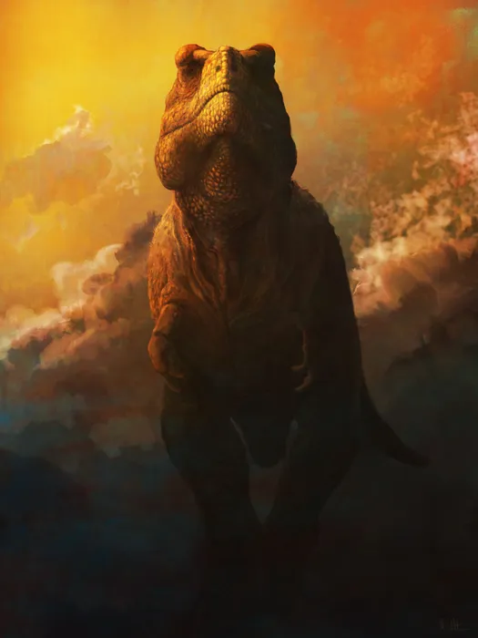 an illustration of T. rex walking straight toward the viewer, mouth closed, teeth not showing