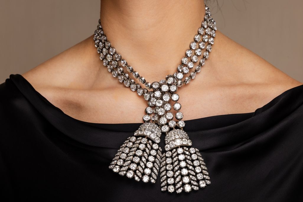 Diamond necklace tied loosely around a woman's neck