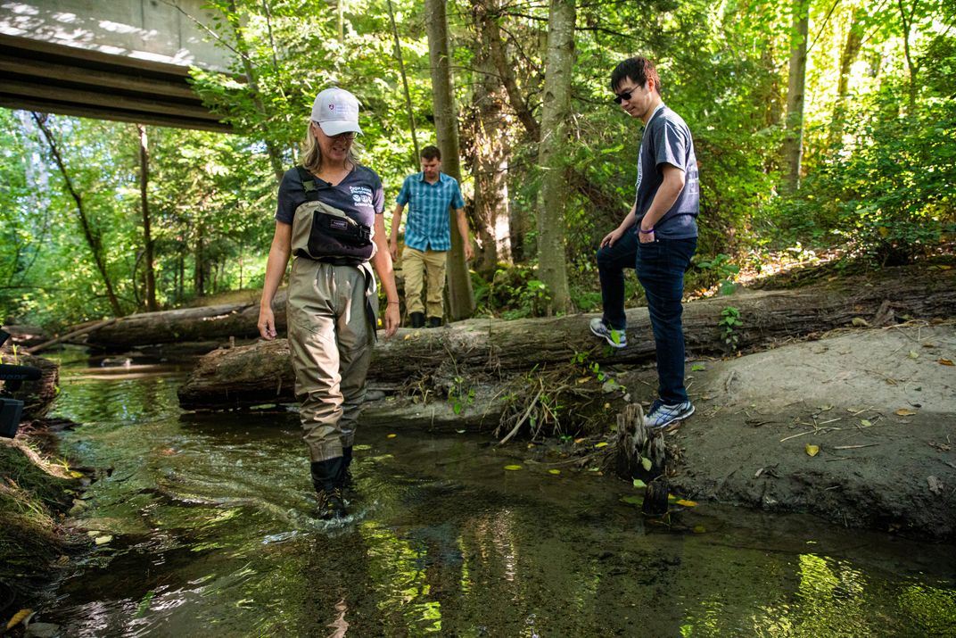 Researchers wading through Longfellow Creek